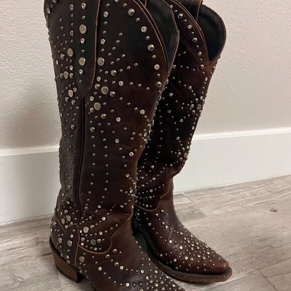 Lane Sparks Fly Cognac Cowboy Boots Tall Silver Studded Size 5 - Picture 2 of 3